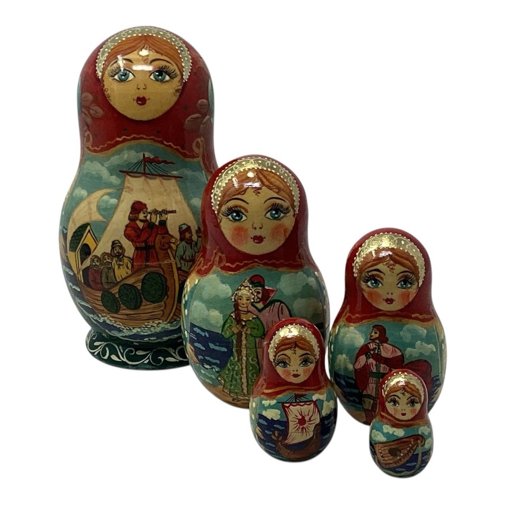 Russian Matryoshka 5pc Nesting Dolls 6" Hand Painted Signed Sailor Scenes